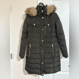 Michael Kors Olive Puffer Coat with Faux Fur Trim